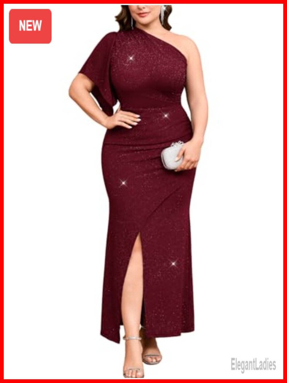 Plus Size One Shoulder Sparkly Maxi Dress High Slit Ruched Bodycon Evening Gown